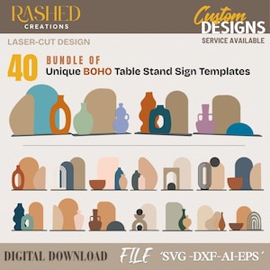 Puede incluir: Imagen que presenta 40 plantillas únicas de letreros de mesa Boho. El diseño incluye formas abstractas y jarrones en tonos naranja, azul, verde y beige. El texto dice "RASHED CREATIONS" y "LASER-CUT DESIGN". También está presente el texto "DIGITAL DOWNLOAD FILE".