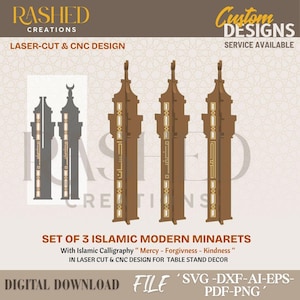 Può includere: Tre minareti islamici moderni marroni con calligrafia islamica. Il design è tagliato al laser e CNC, con le parole "Misericordia - Perdono - Gentilezza". L'immagine include anche il testo "Download digitale File" e "SVG-DXF-AI-EPS-PDF-PNG".