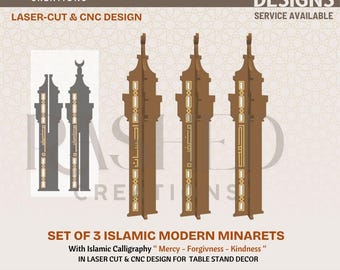 May include: Three brown Islamic modern minarets with Islamic calligraphy. The design is laser-cut and CNC, with the words "Mercy - Forgiveness - Kindness". The image also includes the text "Digital Download File" and "SVG-DXF-AI-EPS-PDF-PNG".