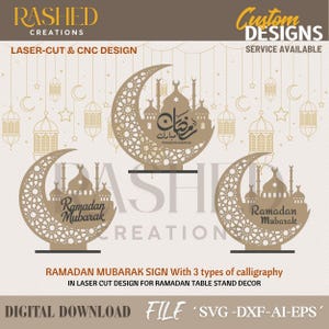 Könnte beinhalten: Lasergeschnittene Ramadan Mubarak Schilder in drei Designs. Jedes Schild zeigt einen Mond und eine Moscheensilhouette mit arabischer Kalligraphie. Die Schilder sind für Tischdekoration und als digitaler Download erhältlich.