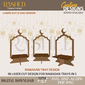 Könnte beinhalten: Drei braune Ramadan-Tablett-Designs im Laserschnitt mit einem Halbmond- und Sternmotiv. Der Text lautet "Ramadan Tray Design" und "Digital Download File" mit Dateitypoptionen. Das Design ist für Ramadan-Tabletts in 5 Größen.