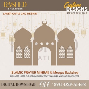 May include: A digital design for an Islamic prayer mihrab and mosque backdrop. The design features a three-part structure with arched doorways and window details, in a neutral brown colour. Text includes "Laser-Cut & CNC Design" and "Custom Designs Service Available."