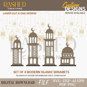 Könnte beinhalten: Digitaler Download mit vier modernen islamischen Minaretten im Laser-Cut-Design. Der Text enthält "RASHED CREATIONS" und "LASER-CUT & CNC DESIGN". Geeignet für die Tischdekoration zum Ramadan.