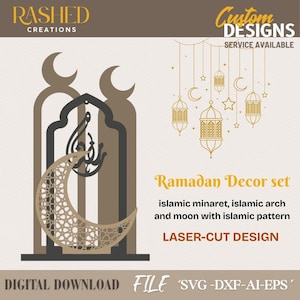 Könnte beinhalten: Ramadan-Dekor-Set mit Laser-Cut-Design eines islamischen Minaretts, Bogens und Mondes mit islamischem Muster. Das Bild zeigt auch hängende Laternen und den Text "Ramadan Decor set". Die Datei ist als digitaler Download verfügbar.