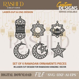 Könnte beinhalten: Ein Set aus sechs lasergeschnittenen Ramadan-Ornamenten in dunkler Farbe. Die Designs umfassen eine Laterne, einen Stern, eine Moschee und einen Mond mit Stern. Text enthält "Ramadan Kareem" und "Set of 6 Ramadan Ornaments Pieces".