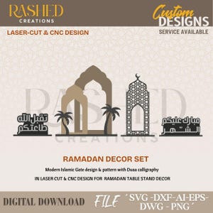 Può includere: Grafica digitale scaricabile con un set di decorazioni per il Ramadan. Il design include motivi di porte islamiche, palme e calligrafia araba. Il testo recita "RAMADAN DECOR SET" e "DIGITAL DOWNLOAD FILE".