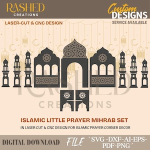 Puede incluir: Un diseño de corte láser y CNC de un conjunto de mihrab de oración islámica. El diseño incluye arcos, minaretes y elementos decorativos, con el texto "ISLAMIC LITTLE PRAYER MIHRAB SET" y "DIGITAL DOWNLOAD FILE". Para la decoración de rincones de oración islámica.