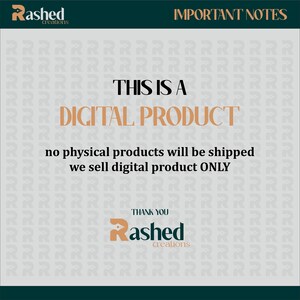 May include: A digital product announcement with the text "This is a Digital Product" and "no physical products will be shipped, we sell digital product ONLY". The announcement is on a gray background with a repeating pattern of the letter "R".