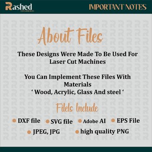 May include: A graphic with the text "About Files" and a list of file types, including DXF, SVG, Adobe AI, EPS, JPEG, JPG, and high quality PNG. The text "These Designs Were Made To Be Used For Laser Cut Machines" is also included. The graphic is on a background with a repeating pattern of the letter "R".