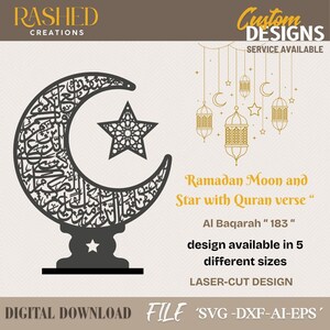 Könnte beinhalten: Ein Laser-Cut-Design mit einem Halbmond und Stern mit Koranvers. Das Design enthält den Text "Ramadan Moon and Star with Quran verse" und "Al Baqarah 183". Erhältlich in 5 Größen. Digitaler Download-Datei.
