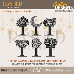 Puede incluir: Un conjunto de seis letreros de mesa de Ramadán cortados con láser en negro. Los diseños incluyen caligrafía árabe, una luna creciente y patrones geométricos. El texto incluye "Ramadan Kareem", "Ramadan Mubarak" y "Welcome".