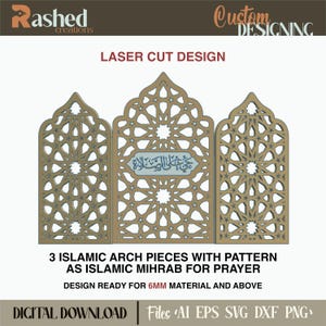 Dreiteiliger Torbogen mit islamischem Muster als Mihrab Ecke für das Gebet, Gebetsecke, Laser cut Ready SVG/DXF, Laser cut Design, sofort download