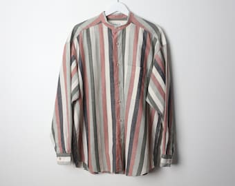 vintage COLOR block STRIPED men's long sleeve button down shirt striped oxford linen/cotton shirt -- size large