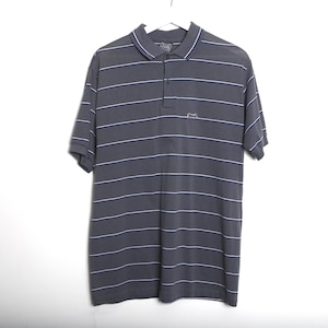 vintage 1980s TENNIS gray & white striped Le TIGRE brand polo short sleeve henley shirt -- size X-Large tall man - FREE shipping