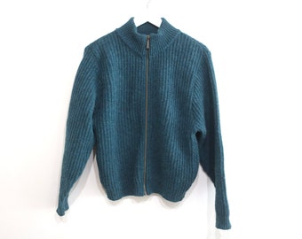 Vintage MID-CENTURY women's blue/green RIBBED wool zipper sweater 1960s 70s -- size small - Made in the U.S.A. - free shipping