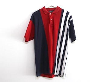 Vintage stripe NAUTICA brand button up POLO short sleeve BLUE red white henley rugby style polo  ---size medium