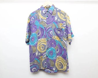 vintage 90s thin soft SWIRL pattern color block men's short sleeve button down shirt -- men's size small