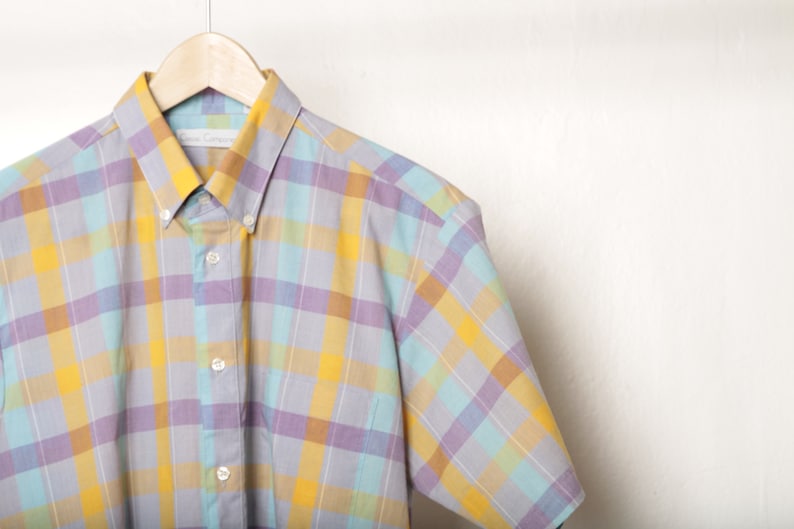 vintage yellow /& PURPLE PLAID short sleeve 90s does 60s SUMMER button up shirt size medium