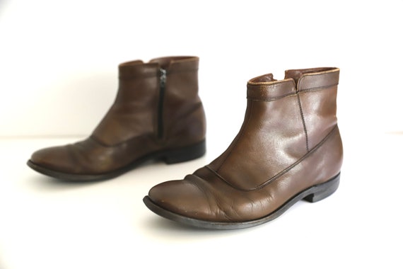 Vintage Men\'s Brown Cognac Leather Ankle Boots Side Zipper Size 8 Men Antique Brown Side Zipper Ankle Boots, Brown Ankle High  main image 2