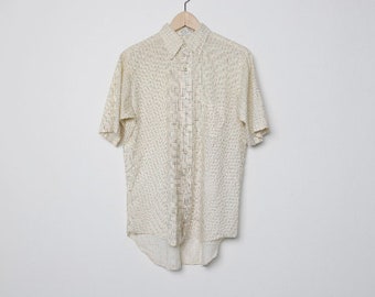 vintage 1960s mid-century CREAM and green plaid short sleeve vintage men's shirt -- size large men's