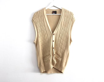 vintage 80s 90s tan sweater vest LE TIGRE style grunge sleeveless vintage cable knit vest -- men's size large