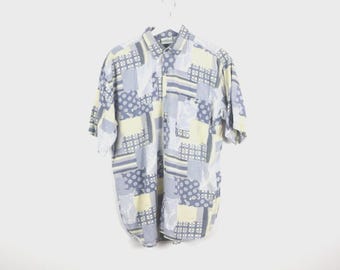 90s wild one SURF streetwear blue yellow white COLOR block shirt men&#39;s vintage button up down -- size medium
