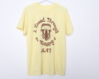 vintage 1970s 80s "I lived through" the gassing at NAU rare vintage tshirt yellow collectible --- size medium