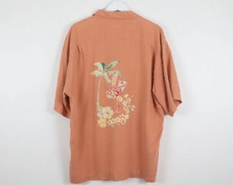 vintage MEN'S silk bowler HAWAIIAN print boxy slouchy peach PALM tree cocktail lounger shirt -- size medium