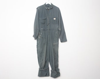 vintage mid-century boilersuit DISTRESSED used olive green faded DENIM men's size large COVERALLS cotton workwear