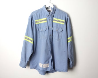 vintage WORK WEAR reflective button down 1990s Highway faded striped shirt -- distressed -- size large