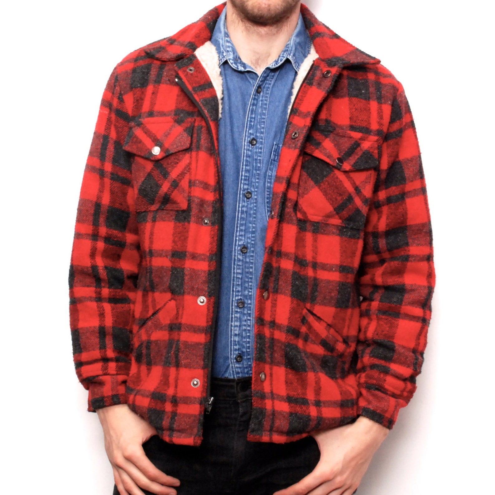 SHERPA lined red plaid FLANNEL JACKET warm Etsy