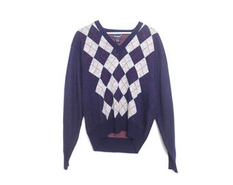 Pull ample imprimé ARGYLE vintage des années 70, 80, grunge vintage OXFORD prep school, pull léger bleu et gris pour les nuits d'été - Livraison gratuite