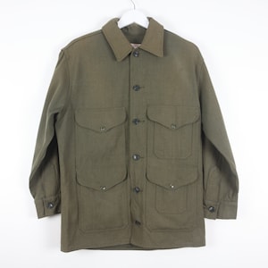 FILSON vintage men&#39;s 80s olive green wool official Filson brand garment GRUNGE men&#39;s jacket coat outdoorsman size MEDIUM - Free Shipping