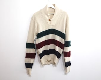 vintage HUDSON bay wool CREAM striped henley sweater -- size medium/large