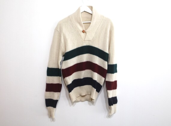 vintage HUDSON bay wool CREAM striped henley swea… - image 1