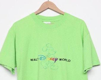 vintage NEON green MICKEY mouse Walt Disney World oversize rainbow embroidered t-shirt top -- size MEDIUM
