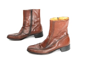 Vintage MEN'S BEATLE boots brown & black leather designer CHELSEA boots -- men's size 8 -- zipper side boots - Free Shipping U.S.A