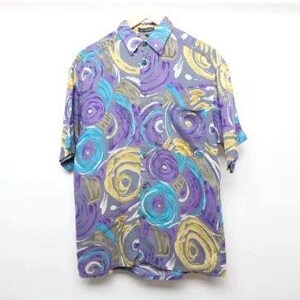vintage SILKY men's SWIRL pattern pastels summer button down BOXY shirt -- size small -- Free Shipping U.S.A