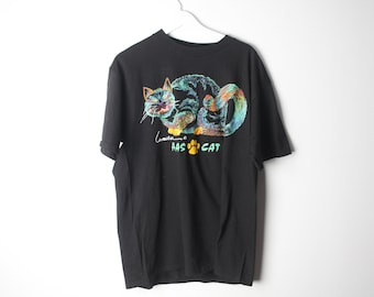 vintage CAT all over print vintage 1990s kittens deadstock still tagged BLACK cartoon cat shirt vintage t-shirt - size large - FREE shipping