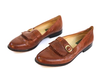 vintage BROWN fringe gold buckle leather PENNY LOAFERS men's 1960s 70s men's size 9 loafers -- Men's Size 9 - Free shipping