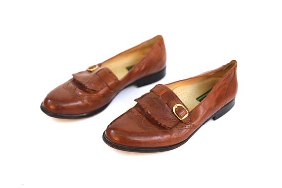 Vintage BROWN Fringe Gold Buckle Leather PENNY LOAFERS Men display picture 2