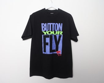 vintage "Button Your Fly" black color block LEVI'S short sleeve vintage grunge 90s shirt -- size medium