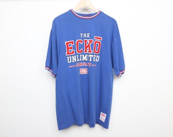 vintage 90s y2k ECKO unlimited streetwear vintage BLUE & red ringer shirt -- Men's Size Large