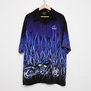 vintage y2k BUZZSAW and FLAMES oversize men&#39;s Extra LARGE skater club kid vintage t-shirt black button down - Size X-Large