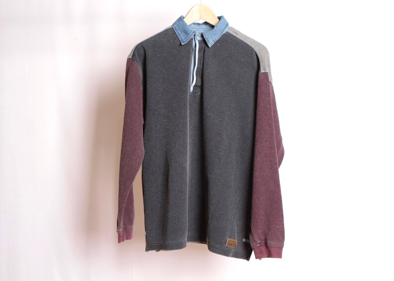 vintage long sleeve DENIM contrast collar BLOCK STRIPES cotton short sleeve polo long sleeve t-shirt