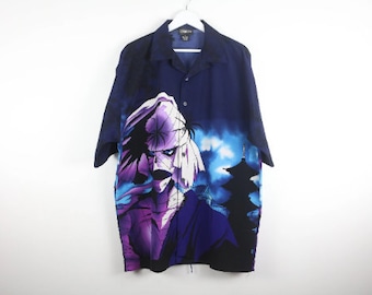 chemise boutonnée soyeuse vintage ANIME pour hommes ANIME bleu et noir des années 90, chemise à manches courtes bleu et noir des années 90 -- grande taille