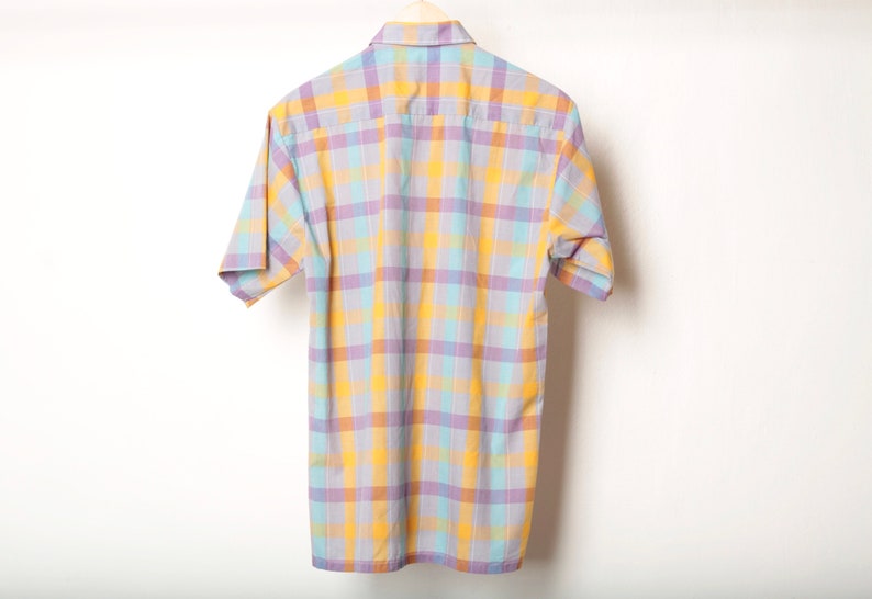 vintage yellow /& PURPLE PLAID short sleeve 90s does 60s SUMMER button up shirt size medium