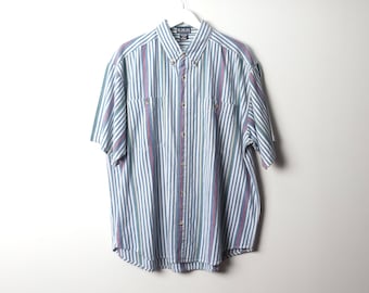 vintage oxford dropout SURF style men&#39;s STRIPED blue & white + 90s short sleeve button up shirt -- men&#39;s size XL