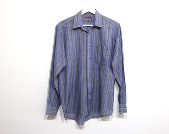 vintage 1990s big stripe slouchy soft vintage BOXY button down men's blue & grey long sleeve button down -- size medium