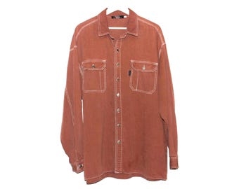 vintage men's ADOBE rust brown workwear OVERSIZE slouchy shacket w/ white contrast stitching men's carhartt style two tone shirt - size X.L.